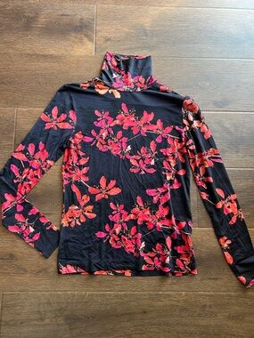 Dries Van Noten Red & Black Floral Turtleneck Long Sleeve Shirt | Floral Shirt |